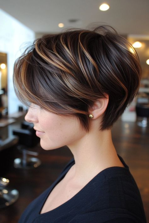 21 Pixie Hair Color Ideas For A Fresh Look Pixie Haircut For Double Chin, Subtle Highlights Short Hair, Short Brunette Pixie With Highlights, Long Pixie With Highlights, Highlights For Pixie Haircut, Pixie Hair With Highlights, Highlighted Pixie Haircut, Hair Color For Pixie Haircut, Short Hair For Round Face Chubby