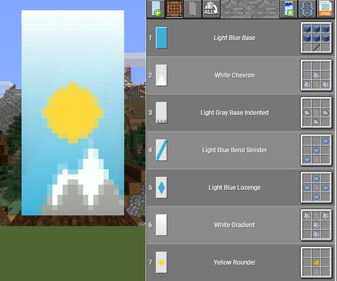 Minecraft Banner Designs Cross, Sunset Banner Minecraft, Minecraft Menu Banner, Banner Pattern Minecraft, Minecraft Banner Ideas Step By Step, Custom Banners Minecraft, Mincraft Baners, Banner Patterns Minecraft, Minecraft Flag Design