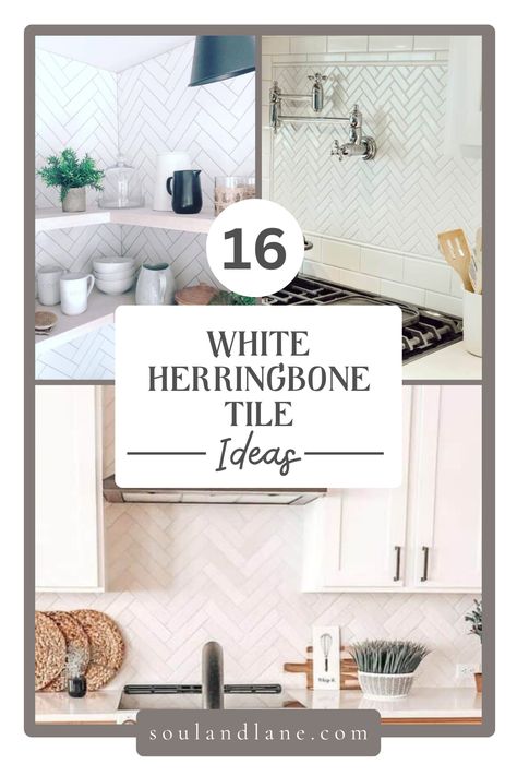 This classic pattern, with its precise arrangement and clean lines, introduces texture and depth while maintaining a light and airy feel. In the kitchen, use white herringbone tiles as a backsplash to create a focal point, or lay them on the floor for a timeless look that enhances the sense of space. For a subtle contrast, choose grout in a soft gray to highlight the intricate pattern without overpowering the design. White Herringbone Tile Kitchen, White Herringbone Tile Floor, Grey Herringbone Tile, White Subway Tile Herringbone, Herringbone Subway Tile Backsplash, White Herringbone Tile Backsplash, Subway Tile Herringbone, White Herringbone Backsplash, Herringbone Subway Tile