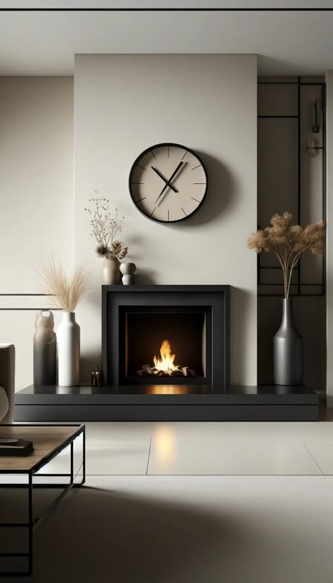 Black Mantel Fireplace, Minimalistic Fireplace, Fireplace Finishes, Fireplace Hearth Decor, Stylish Fireplace, Chimney Decor, Hearth Decor, Minimalist Fireplace, Fireplace Decor Ideas