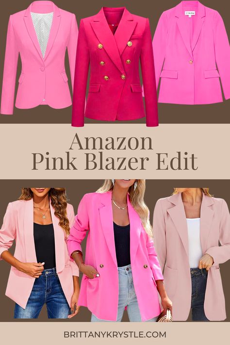 Affordable pink blazers for work, date night & casual wear from Amazon. Hot pink blazers, light pink blazers. Best affordable women's workwear. Pink blazer outfit inspo. Valentine's Day outfit inspo. #Amazonfashionfinds Hot Pink Blazer Outfit, Pink Capsule Wardrobe, Pink Blazers, Pink Blazer Outfit, Light Pink Blazers, Hot Pink Blazers, Smart Casual Women, Leopard Outfits, Stylish Work Attire