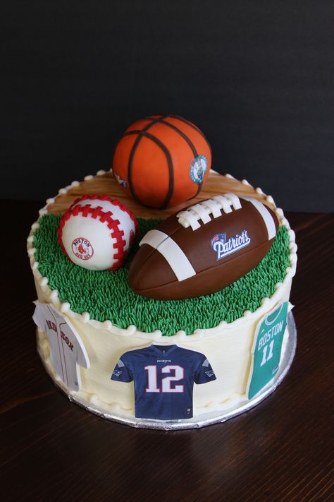 Grooms cake for the New England/Boston sports team fan! Grooms Cake Sports Theme, Sports Grooms Cake, Sports Themed Cakes For Men, Sport Themed Cake, Multi Sports Cake, Sports Bday Cake, Sport Cake Ideas, Sport Birthday Cakes, Sport Cakes For Boys