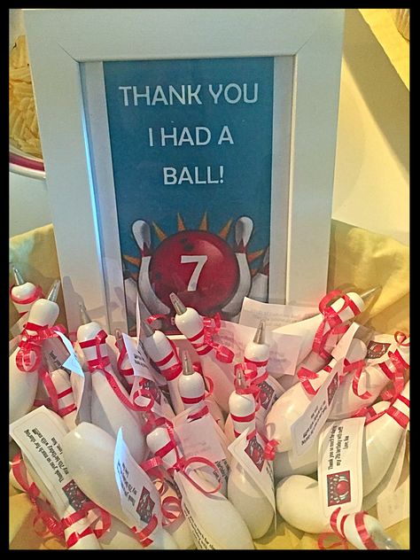 Framed printed sign for these awesome wooden bowling pin pens for favors. Bowling Birthday Party Favors, Bowling Fundraiser, Birthday Party Appetizers, Bowling Party Favors, Bowling Birthday Party Invitations, 7th Birthday Party Ideas, Bowling Birthday Party, Bowling Birthday, Party Themes For Boys