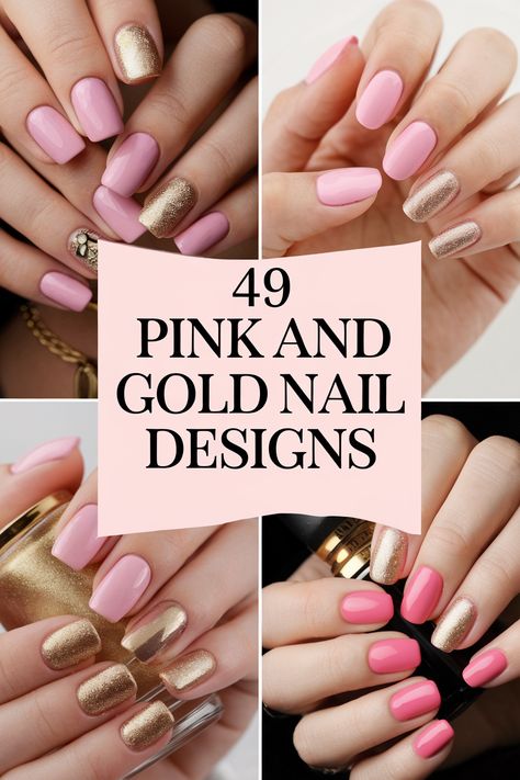 Looking for gold and pink nails ideas? This collection has you covered!  Explore 49  beautiful and inspiring designs, from simple to elaborate.  Discover pink glitter, gold foil, ombre effects, and stunning nail art. Bridal Nails Wedding Rose Gold, Pink Nails With Gold Lines, Light Pink With Gold Nails, Pink And Rose Gold Nails Acrylic, Neutral Pink Dip Nails, Pink With Gold Chrome Nails, Short Pink And Gold Nails, Pink And Gold Dip Nails, Pink Nails With Gold Design