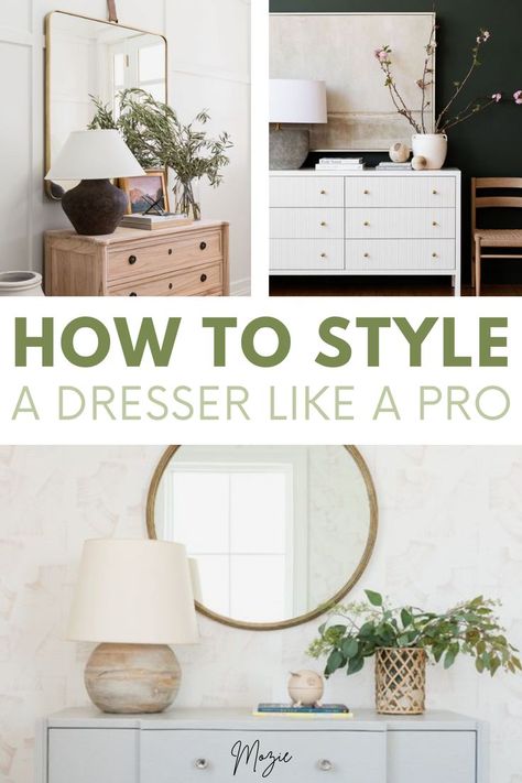 We're showing you exactly how to style a dresser six different ways! This is seriously the cutest dresser decor! Styling Dresser In Living Room, Decor On Dresser Top, Wood Dresser Decor Bedroom, Styling A Tall Dresser, How To Style A Tall Dresser, Dresser Decor Bedroom Ideas, Tall Dresser Decor Bedroom, Tall Dresser Styling, How To Decorate Dresser