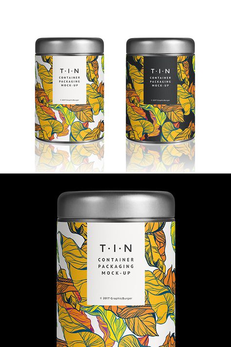 Tin Container Packaging MockUp | GraphicBurger Herbal Tea Packaging, Healthy Food Packaging, Tea Packaging Design, Japanese Graphic, Design Identity, Identity Branding, Tin Containers, Tea Tins, Food Packaging Design