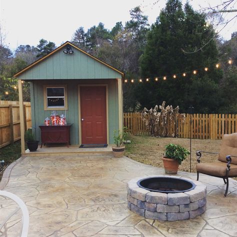 Fire Pit Next To Shed, Shed With Fire Pit, Landscaping Around Patio, Concrete Stain Patio, Utility Sheds, Cement Patio, Stained Concrete, Fire Pit Backyard, Concrete Patio