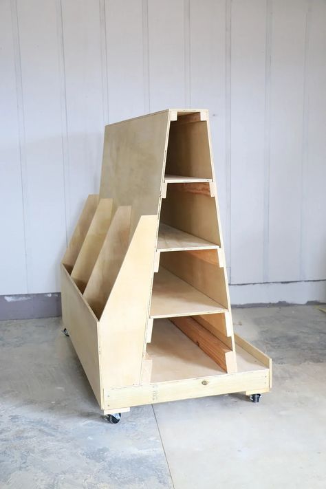 Learn the best ways to store scrap wood and lumber so it doesn't take over your workshop (and it's easy to locate)! | Home Made by Carmona Wood Storage Cart On Wheels, Shop Wood Storage, Diy Scrap Wood Storage, Scrap Wood Storage Ideas, Workshop Tables, Wood Storage Ideas, Diy Lumber Storage, Scrap Wood Storage, Lumber Storage Rack