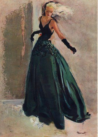 Brénot 1945 Evening gown by Raymond (dit Pierre-Laurent) Brénot | Hprints.com Pierre Laurent, Fashion Illustration Drawing, Vintage Fashion Illustration, Robert Piguet, David Downton, Rene Gruau, Old Hollywood Style, Fashion Illustration Vintage, Fashion Drawings