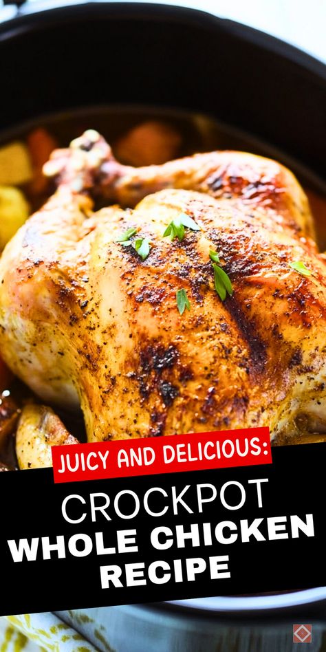 Enjoy juicy, perfectly cooked chicken with this easy Crockpot Whole Chicken recipe! With a few simple ingredients and set-it-and-forget-it convenience, this slow cooker recipe is ideal for busy cooks. Save this pin to make slow-cooked, flavorful chicken a staple in your kitchen.