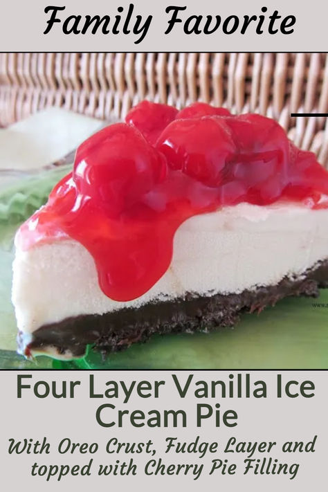 Homemade vanilla ice cream pie with Oreo crust. This four layer ice cream pie is topped with cherry pie filling for an ultimate ice cream pie. #HomemadeVanillaIceCream  #myturnforus #IceCreamPieWithOreoCrust #IceCreamPie #HomemadeVanillaIceCreamPie #FourLayerIceCreamPie Pie With Oreo Crust, Hot Fudge Topping, Ice Cream Pie Recipe, Ice Cream Pie, Canning Cherry Pie Filling, Oreo Cookie Crust, Frozen Watermelon, Homemade Vanilla Ice Cream, Cream Pies