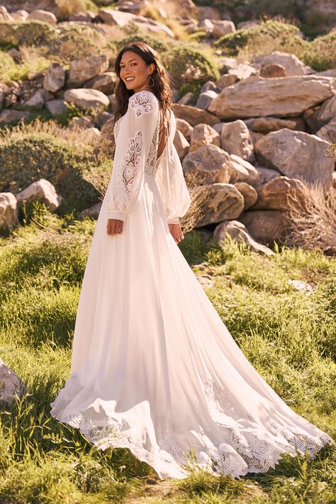 Lillian West - Style 66303: Chiffon A-Line with Plunging V-Neck and Bishop Sleeves Wedding Dress Chiffon Lace, Lillian West Wedding Dress, Ivory Bride, Rembo Styling, Girls Bridesmaid Dresses, Lillian West, Wedding Dress Chiffon, Wedding Dresses Beaded, Wedding Boho