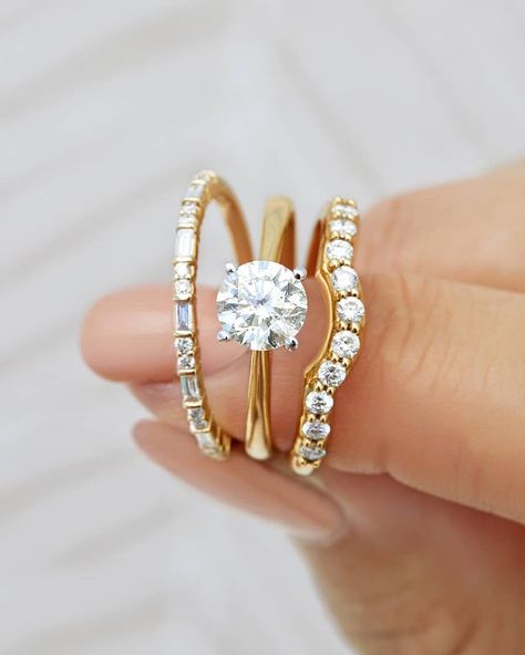 Stacked Wedding Rings With Solitaire, Eternity Ring Diamond Stack, Gold Wedding Stack, Wedding Ring Stack Ideas, Wedding Stack, Band Ideas, Michael Hill, Stackable Rings Wedding, Stacked Wedding Bands