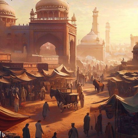 Dalle Prompt - delhi market during mughal era, 4k Dark Hooded Figure Art, Desert Market, Mughal History, Fantasy Market, Arabian City, Delhi Market, Mughal Art Paintings, Mughal Architecture, Arabian Art