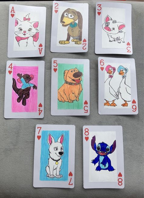 Custom Playing Cards Diy, Painting On A Deck Of Cards, Painting Cards Deck Disney, Disney Playing Cards, Painting A Deck Of Cards, Painted Deck Of Cards, Painting Playing Cards Ideas, Deck Painting, Friends Activity