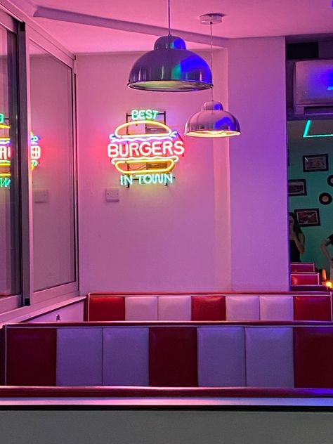 #aesthetic #burger #80s #70s #60s #50s 80s Themed Restaurant, Burger Diner Aesthetic, 80s Aesthetic Restaurant, 80s Restaurant Design, Aesthetic Burger, Diner Aesthetic Exterior, 1980s Restaurant Interior, Burger Aesthetic, Bistro Interior