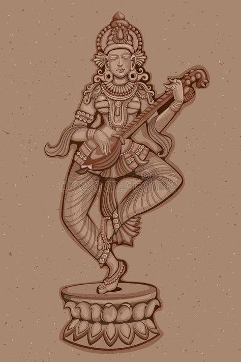 Vintage Statue of Indian Goddess Saraswati Sculpture. Vector design of Vintage statue of Indian Goddess Saraswati sculpture engraved on stone stock illustration Indian Sculpture Drawing, Indian Sculpture Painting, Indian Goddess Illustration, Goddess Saraswati Drawing, Indian Ancient Art, Statues Illustration, Saraswati Sculpture, Painting Of Goddess, Stone Illustration