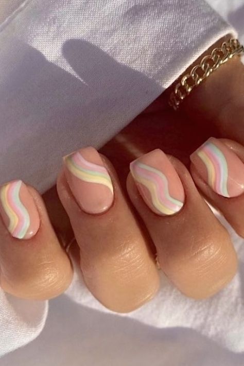 summer nails, pastel nails, wavy nail art, stylish nails, summer nail design, rainbow nails, short nails #nailideas #nailartideas #naildesign Pastel Nails Designs, Simple Gel Nails, Summery Nails, Short Square Acrylic Nails, Cute Gel Nails, Nail Swag, Short Acrylic Nails Designs, Short Nail Designs, Pastel Nails