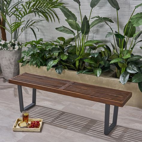 Joa Patio Dining Bench, Acacia Wood with Iron Legs, Modern, Contemporary, Dark Brown and Black - Walmart.com - Walmart.com Kursi Outdoor, Metal Outdoor Bench, Dining Bench Seat, Wood Dining Bench, Iron Bench, Rustic Bench, Picnic Bench, Patio Bench, Patio Style