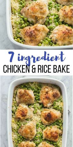 This easy Chicken and Rice Bake has just 7 ingredients and is so easy to customize! Get a healthy dinner on the table with minimal effort and maximum flavor with this Chicken Rice Casserole. Uses chicken thighs basmati rice peas and an easy seasoning blend. #chicken #rice #recipe #dinner #healthy #healthrecipe Chicken Rice And Peas Casserole, Chicken Pea Casserole, Chicken And Peas Casserole, Chicken Rice Peas Casserole, Basmati Rice And Chicken Recipes, Chicken Thigh Rice Bake, Chicken And Peas Recipes, Chicken And Basmati Rice Recipes, Chicken Peas Recipe