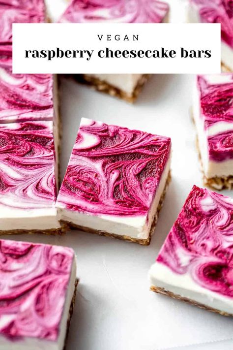 These vegan raspberry cheesecake bars are creamy, delicious, and loaded with swirls of raspberry goodness! These will make all your dessert dream come true! #vegandesserts #dairyfreedesserts #vegandessertrecipes #vegancheesecake #vegancheesecakerecipe Buffalo Tacos, Amazing Dinner Ideas, Vegan Raspberry Cheesecake, Cake Bites Recipe, Chia Recipes, Raspberry Cheesecake Bars, Cheesecake Vegan, Vegan Cheesecake Recipe, Raspberry Desserts