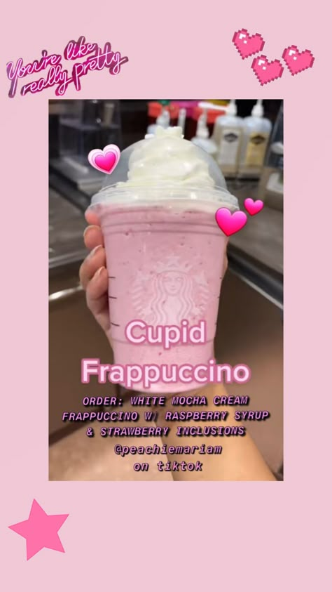 #cupid #starbucks #drink Cupid Starbucks Drink, Valentines Day Starbucks Drinks, Cupid Frappuccino, Cupid Drink, Valentine’s Day Starbucks Drinks, Starbucks Secret Menu Drinks Valentines Day, Sanrio Starbucks Drink Orders, Hello Kitty Starbucks Drink, Valentines Starbucks Drinks