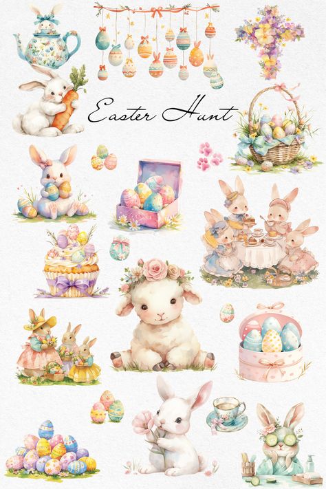 Easter Watercolor clipart, Baby shower, Digital planner, Digital Sticker, PNG, Sublimation, Junk Journal, Scrapbook, Commercial Use Spring Stickers, Spring Animals, Spring Color Palette, Nursery Decor Wall Art, Easter Stickers, Easter Clipart, Toddler Easter, Party Props, Easter Wreaths