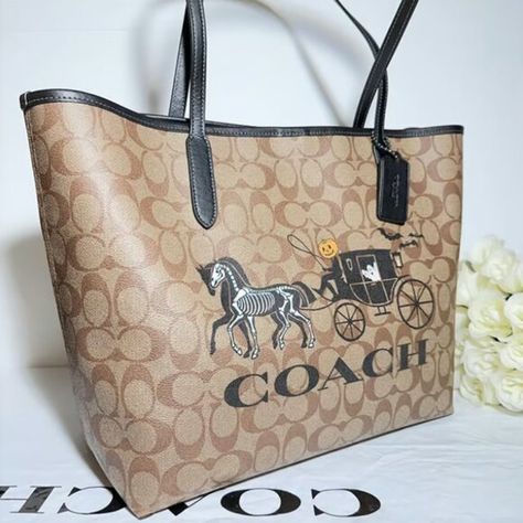 NWT! Coach City Tote Halloween Horse And Carriage Bag Purse Coach City Tote, Halloween Horse, Horse And Carriage, Signature Canvas, Coach Handbags, Smooth Leather, Zip Pockets, Handles, Bag Lady