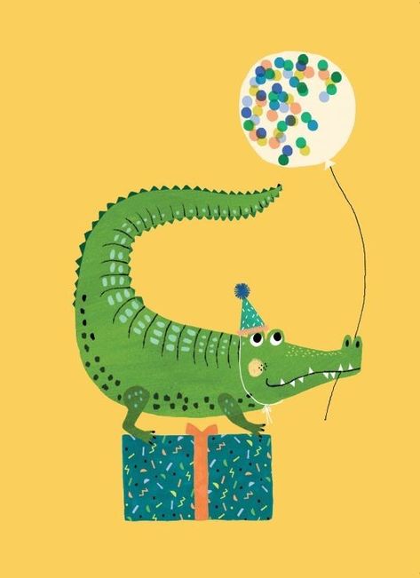 Crocodile Party, Crocodile Illustration, Birthday Illustration, Bday Cards, Animal Birthday Party, A Present, Crocodiles, Animal Birthday, Greeting Card Design