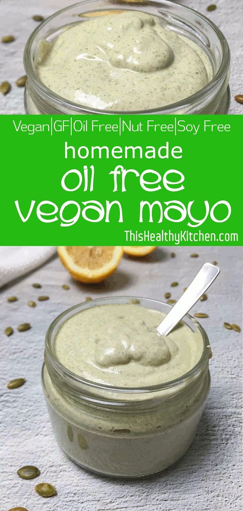 Homemade vegan mayo is simple to make, takes 5 minutes or less and is just as tasty as store bought. No eggs, no oil, no dairy, and no nuts! #plantbased #veganmayo #oilfree #glutenfree #nutfree #dairyfree #soyfree Vegan Mayonaise, Oil Free Vegan Recipes, Mayonnaise Recipe, Wfpb Recipes, Vegan Mayo, No Dairy, Vegan Mayonnaise, Vegan Sauces, Oil Free Vegan