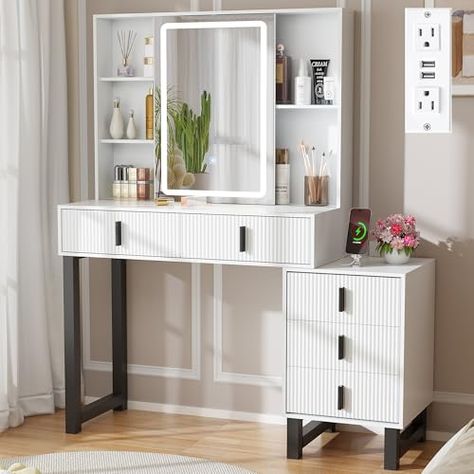 Modern Dressing Table, Shelves Bedroom, Vanity Desk With Mirror, Desk With Mirror, Makeup Vanity Desk, Sliding Mirror, Bedroom Makeup Vanity, Mirrored Vanity Desk, Vanity Benches