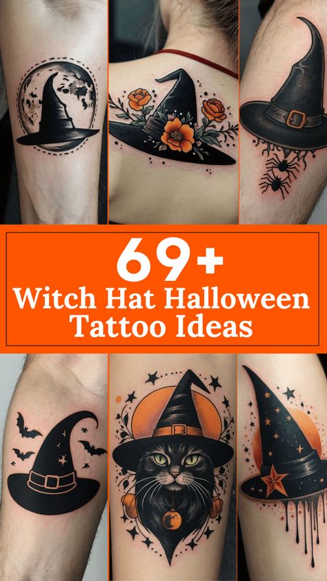 69+ Witch Hat Halloween Tattoo Ideas for a Magical Touch Witch Hat Tattoo Ideas, Witches Hat Tattoo, Small Witch Tattoo Ideas, Tiny Halloween Tattoos, Simple Halloween Tattoos, Halloween Tattoos For Women, Witch Hat Tattoo, Witch Tattoo Ideas, Small Halloween Tattoos