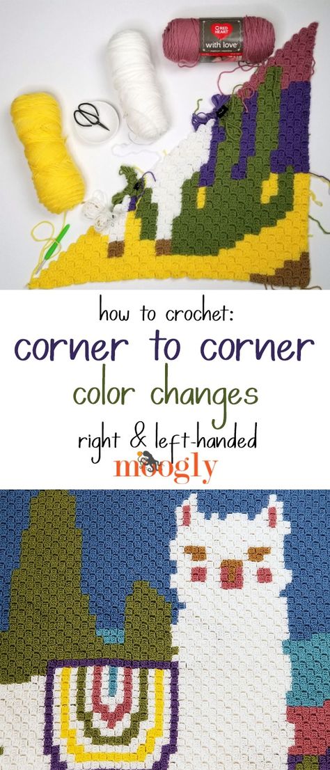 Get the best methods and tips for changing colors in Corner to Corner or C2C crochet on Moogly, in both right and left-handed video tutorials! Make any image with ease with these special techniques!  #crochet #cornertocorner #c2c #mooglyblog #graphgans #pixel #yarnspirations #redheartyarns Granny Square Step By Step, Crochet Corner To Corner, Diy Granny Square, Crochet Tutorial For Beginners, Change Colors In Crochet, Left Handed Crochet, Crochet C2c Pattern, C2c Crochet Pattern Free, C2c Crochet Blanket