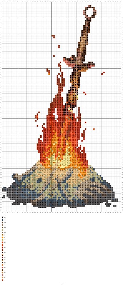 Dark Souls bonfire cross stitch pattern Dark Souls Bonfire, Cross Stitch Games, Fire Pattern, Nerd Crafts, Cross Stitch Geometric, Disney Cross Stitch, Pixel Pattern, Pixel Art Pattern, Cross Stitch Patterns Free