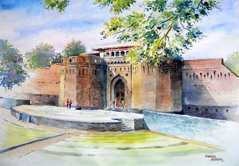 ArtEWorld by Sanika Dhanorkar: 103: Watercolour Painting: Shaniwar Wada Facade, P... Shivaji Maharaj Watercolour Painting, Shaniwar Wada Painting, Shaniwar Wada Sketch, My Favourite Monument Drawing, Shanivar Wada Pune, Indian Monuments Paintings, Shaniwar Wada, Watercolour Architecture, Watercolor Wallpaper Phone