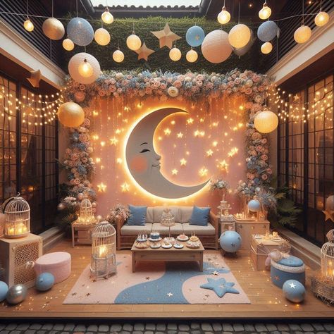 Sun Moon And Stars Birthday Party, Starry Night Prom, Star Birthday Party, Ramadan Decorations, Twinkle Twinkle Little Star, Black Aesthetic Wallpaper, Birthday Decor, Moon And Stars, Boy Shower