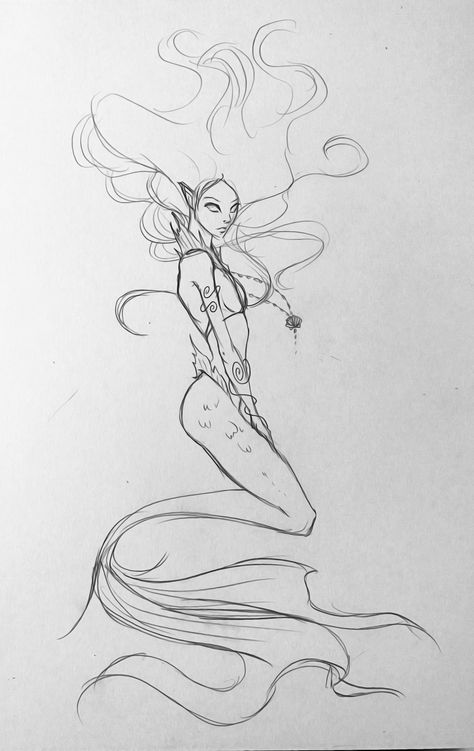 Mermaid Art Sketch, Drawing Mystical Creatures, Siren Aesthetic Drawing, Mermaid Hair Drawing Reference, Mermaid Reaching Up, Water Goddess Drawing, Magical Creatures Sketch, Scary Mermaid Drawing, Siren Art Reference