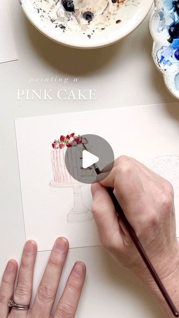 Emily Lex on Instagram: "Painting a pink cake. 

There’s a local bakery that makes the most delicious strawberry cake. It has fluffy whipped cream frosting and fresh strawberries and is delicious! This one reminds me of that. 🍓🍰

#watercolor #pinkcake #strawberry #elstudio" Watercolour Cake Painting, Watercolor Cake Painting, Birthday Cake Painting, Watercolor Birthday Cake, Watercolour Cake, Delicious Strawberry Cake, Cake Painting, Local Bakery, Watercolor Cake