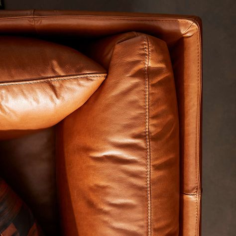 Wells Leather Apartment Sofa + Reviews | Crate and Barrel Cb2 Leather Sofa, Rust Leather Sofa, Leather Sofa Decor, Sofa Leather, Leather Club Chairs, Apartment Sofa, Slim Frame, Leather Couch, Sofa Styling