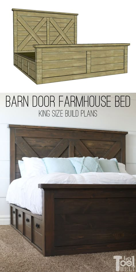 King Size Bed Frame Diy, Diy King Bed, Diy Farmhouse Bed, Farmhouse Bed Frame, Bed Frame Diy, Bed Frame Plans, Farmhouse Bed, Mission Furniture, Door Farmhouse