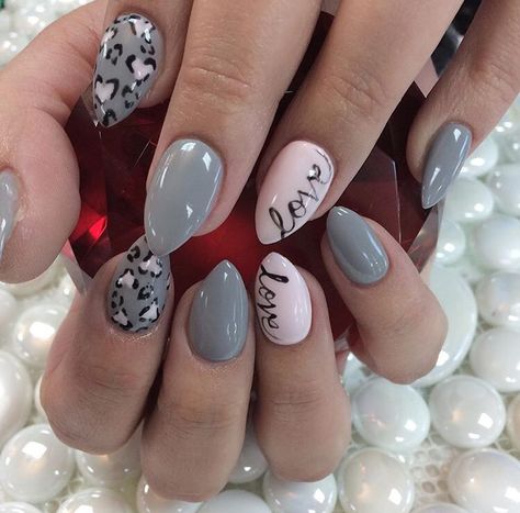 Grey Valentines Day Nails, Gray Valentines Day Nails, Gray And Pink Nails, Pink And Grey Nails, Valentines Nail Art Designs, Valentines Nail, Valentines Day Nails, January Nails, Valentine Nail Art