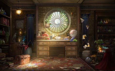 ArtStation - Wizard Room, Natalie Forbess Wizard Office Concept Art, Wizard Room Aesthetic, Wizard Cottage, Wizard Room, Office Window, Room Aesthetic, Wizard, Drinkware, Concept Art