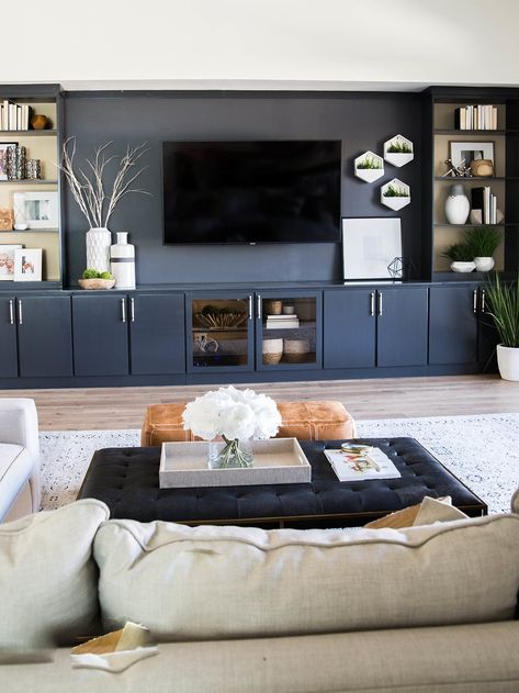 Small Media Wall, Living Room Built In Units, Tv Wall Entertainment Center, Tv Wall Ideas Modern, Media Wall Ideas, Living Room Tv Cabinet Designs, Transitional Family Room, Living Room Built Ins, Drawing Room Interior Design