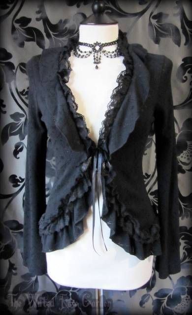 Old Gothic Fashion, Romantic Gothic Fashion, Frilly Cardigan, Goth Cardigan, Gothic Cardigan, Bell Sleeve Cardigan, Gothic Fashion Victorian, Wilted Rose, Black Lace Cardigan