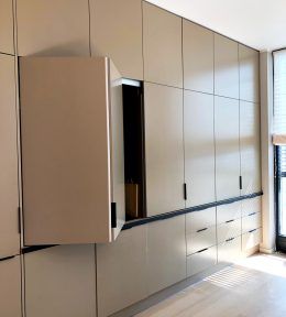 Design and production for a new flat in Prague. 4 doors system with cabinets System for Lateral Bi-Fold / Pocket Doors. HAWA-Folding Concepta 25 - Richelieu Hardware Pocket Cabinet Doors, Pocket Cabinet, Bi Fold Door, New Flat, Pocket Door, Pocket Doors, Urban Style, White Oak, Cabinet Doors