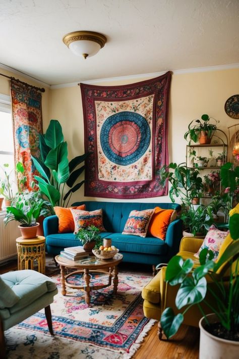 A collection of 25 innovative boho vintage living room concepts showcasing cozy aesthetics and eclectic decor. Perfect for home styling inspiration! Boho Living Room Gold Accents, Colourful Boho Interior, Boho Jungle Decor, Bright Eclectic Living Room, Jewel Tone Living Room Bohemian, Small Boho Living Room Ideas, Warm Boho Living Room, Small Eclectic Living Room, Country Boho Home