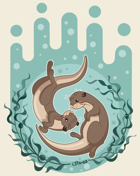 Rorys Bedroom, Otter Character Design, Sea Otter Illustration, Cute Otter Drawing, Sea Otter Drawing, Cute Otters Drawing, Seaweed Forest, Otter Graphic, Otters Hugging