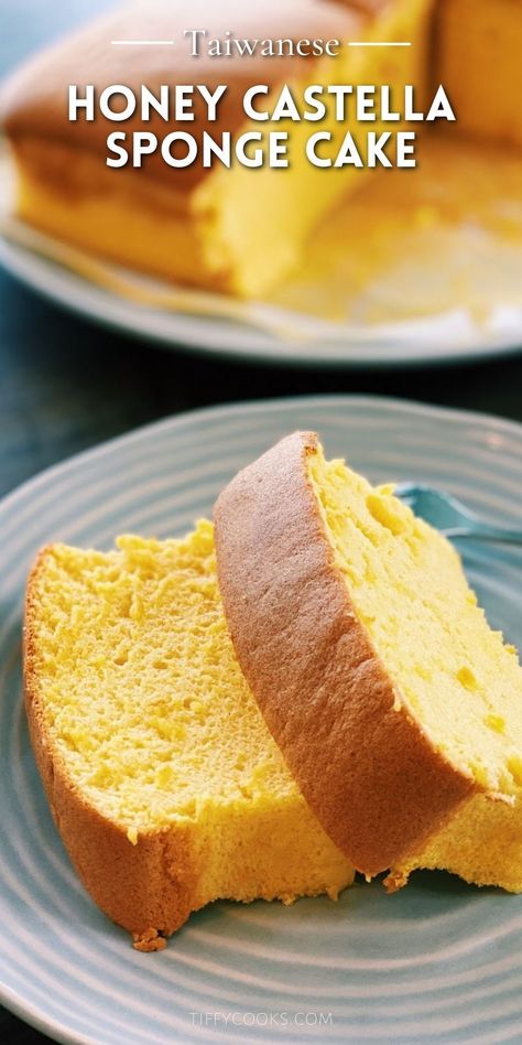 Honey Castella Cake, Honey Sponge Cake Recipe, Honey Sponge Cake, Honey Castella Cake Recipe, Taiwanese Recipe, Taiwanese Chicken, Dessert Korean, Cake For Summer, Castella Cake Recipe