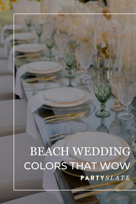 Your beautiful coastal wedding begins with the perfect beach wedding colors. Discover 8 beach wedding colors that go beyond ocean blue on PartySlate.com. Beach Wedding Pallet, Romantic Beach Wedding Decor, Sunset Beach Wedding Decorations, Coastal Wedding Aisle, March Beach Wedding, Small Beach Wedding Ideas Romantic, Champagne Beach Wedding Color Schemes, Fun Beach Wedding Ideas, Night Beach Wedding Reception