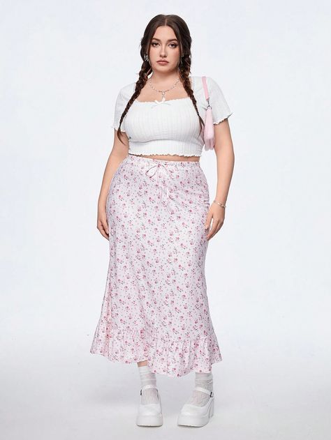 Pink Boho Collar  Knitted Fabric Plants,Ditsy Floral Flared Embellished Slight Stretch  Women Plus Clothing Midsize Women Fashion, Boho Summer Outfits Plus Size, Feminine Plus Size Outfits, Plus Size Coquette Outfits, Plus Size Shein Outfits, Plus Size Skirt Outfits, Plus Size Coquette, Skirt For Plus Size, Plus Size Long Skirt